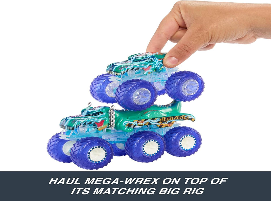 Hot Wheels Monster Trucks Toy Truck & Big Rig Multipack, 1:64 Scale Mega-Wrex & Tiger Shark with Big Rigs in Matching Power Smashers Deco, HYJ29