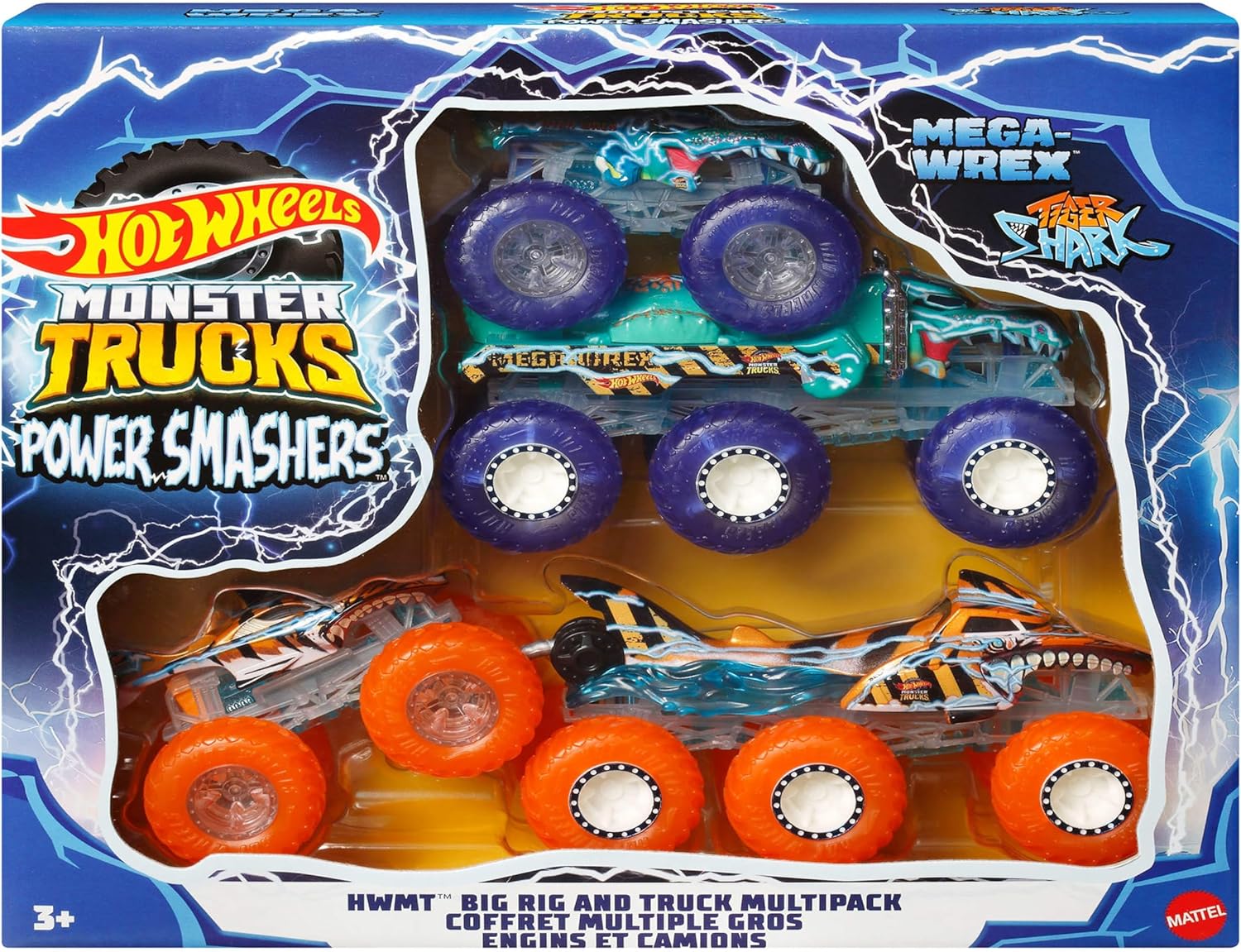 Hot Wheels Monster Trucks Toy Truck & Big Rig Multipack, 1:64 Scale Mega-Wrex & Tiger Shark with Big Rigs in Matching Power Smashers Deco, HYJ29