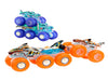 Hot Wheels Monster Trucks Toy Truck & Big Rig Multipack, 1:64 Scale Mega-Wrex & Tiger Shark with Big Rigs in Matching Power Smashers Deco, HYJ29