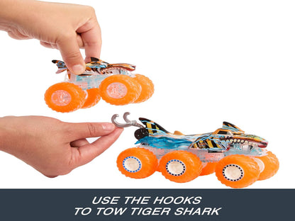 Hot Wheels Monster Trucks Toy Truck & Big Rig Multipack, 1:64 Scale Mega-Wrex & Tiger Shark with Big Rigs in Matching Power Smashers Deco, HYJ29
