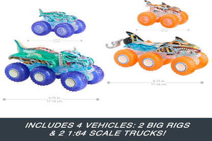 Hot Wheels Monster Trucks Toy Truck & Big Rig Multipack, 1:64 Scale Mega-Wrex & Tiger Shark with Big Rigs in Matching Power Smashers Deco, HYJ29