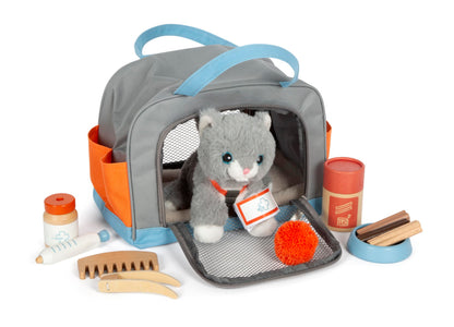 Small Foot Katze mit Tasche und Pflege-Set, 15-teiliges Haustier-Spielzeug für Kinder ab 2 Jahren, Rollenspiel für Tierpflege, 12601, Bunt