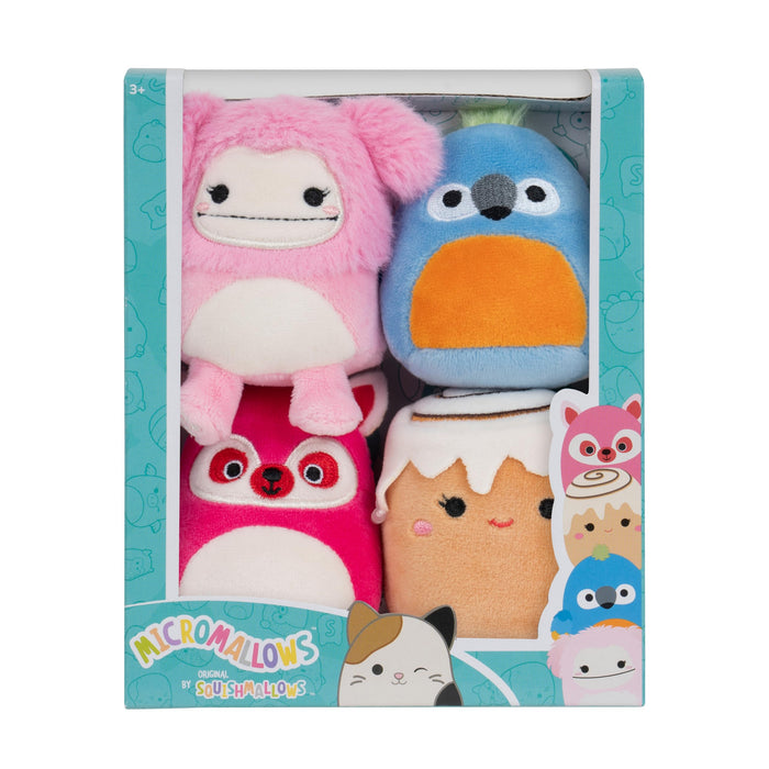 Micromallows Squishmallows Original 4-Pack – Brina Bigfoot, Chanel Cinnamon Roll, Lucia Lemur, Tenise Parrot