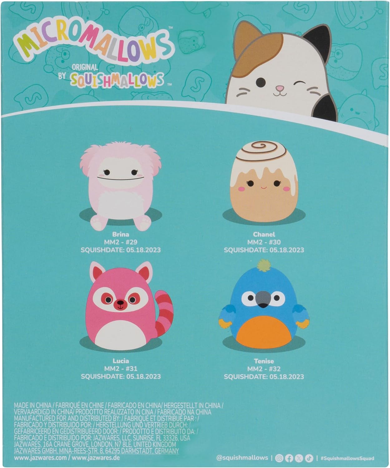 Micromallows Squishmallows Original 4-Pack – Brina Bigfoot, Chanel Cinnamon Roll, Lucia Lemur, Tenise Parrot