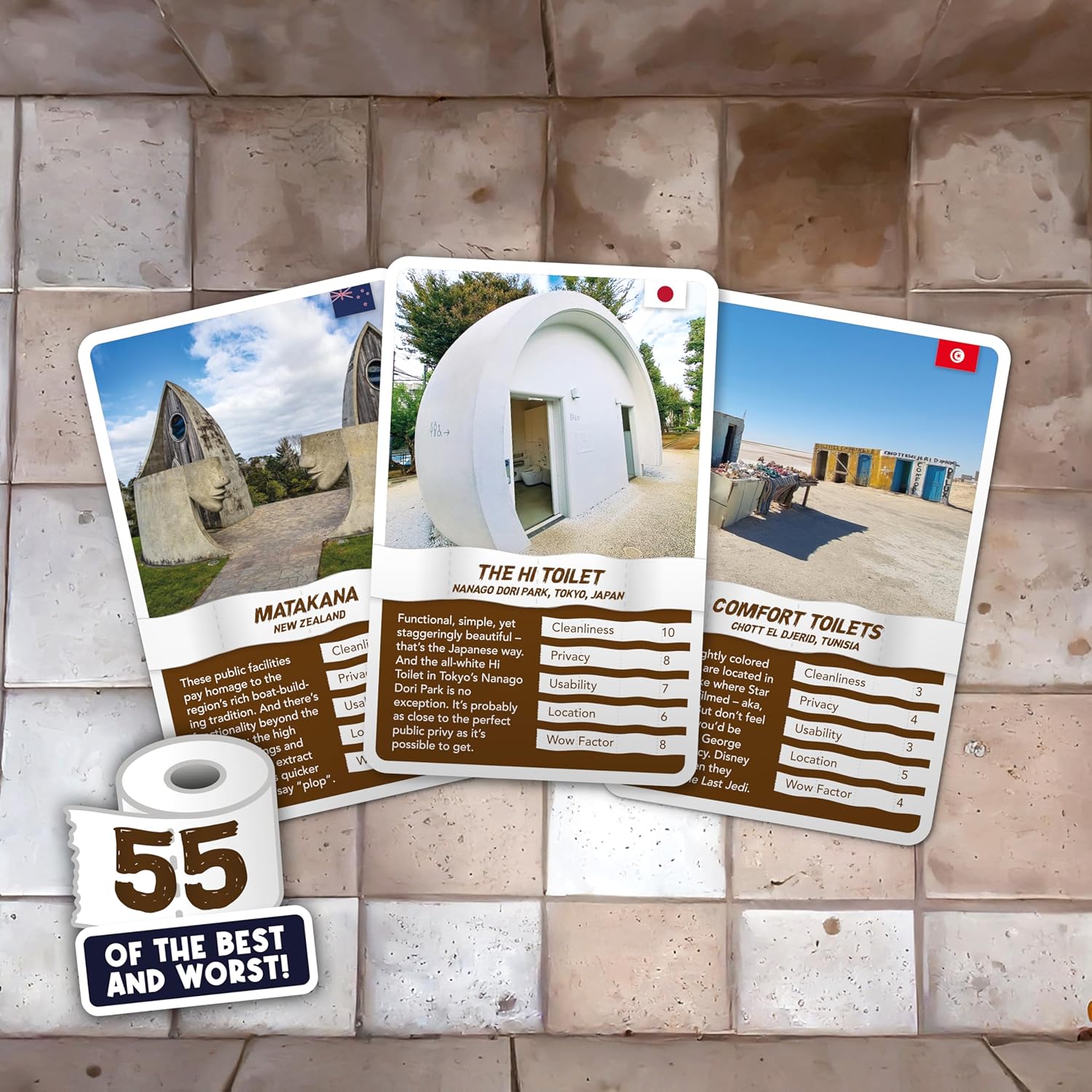 Bubblegum Stuff Top Toilets - 55 Best & Worst Loos - Outcore Your Opponents - Steal Every Toilet - Win The Game For Lavatory Lovers - 55 Flashcards (17.5 x 8.5cm)