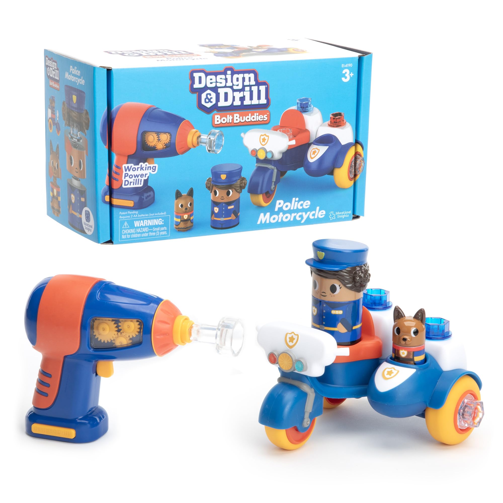 Moto de policía con figuras atornillables Bolt Buddies de Design & Drill de Learning Resources, juguete de construcción para desarrollar la motricidad fina