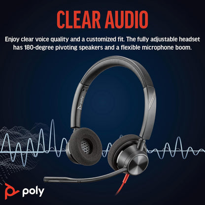 Poly Blackwire 3320 Wired Headset – Flexible Microphone Boom – Hi-fi Stereo - Connect to PC/Mac via USB-C or USB-A - Certified for Microsoft Teams
