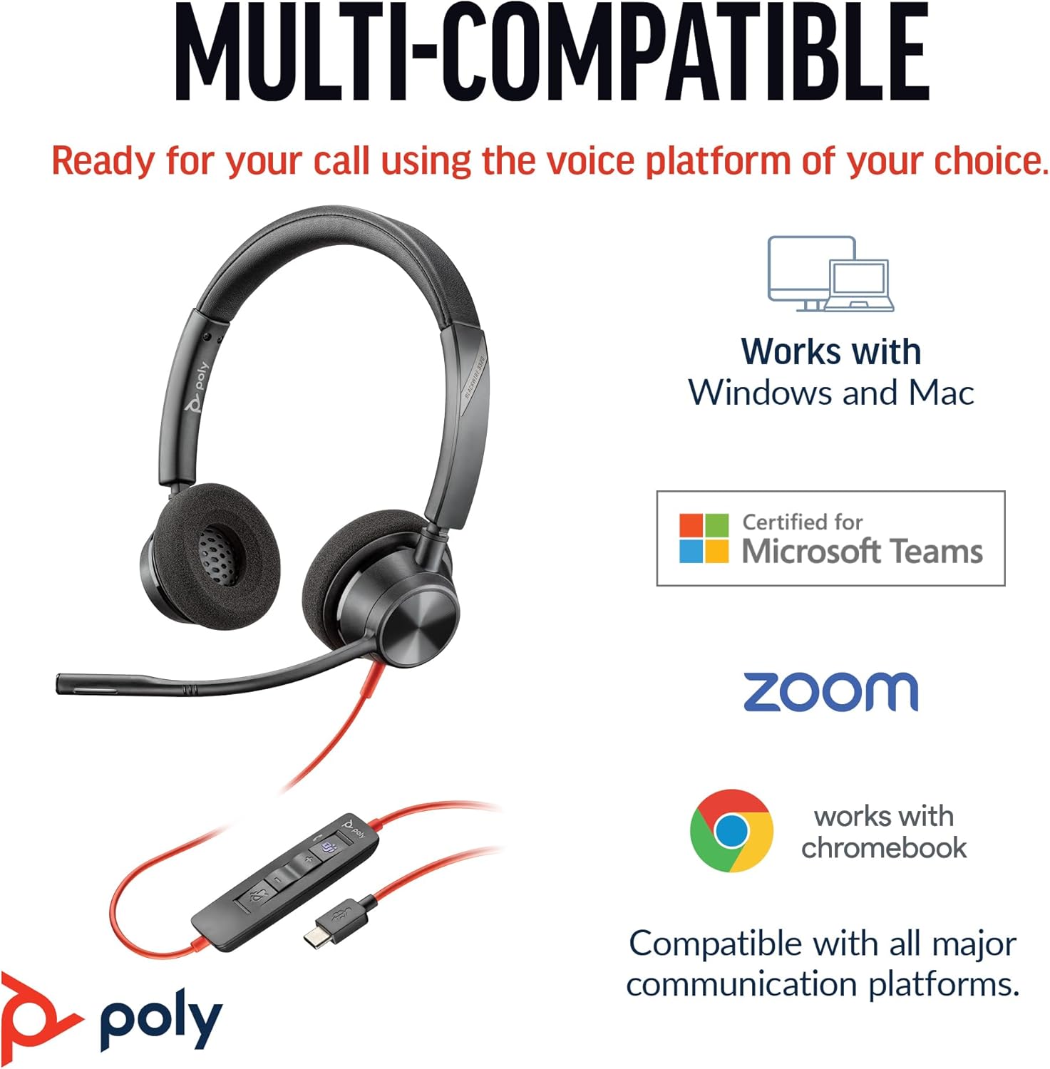 Poly Blackwire 3320 Wired Headset – Flexible Microphone Boom – Hi-fi Stereo - Connect to PC/Mac via USB-C or USB-A - Certified for Microsoft Teams