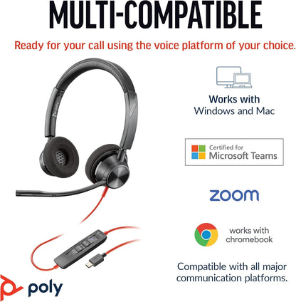 Poly Blackwire 3320 Wired Headset – Flexible Microphone Boom – Hi-fi Stereo - Connect to PC/Mac via USB-C or USB-A - Certified for Microsoft Teams