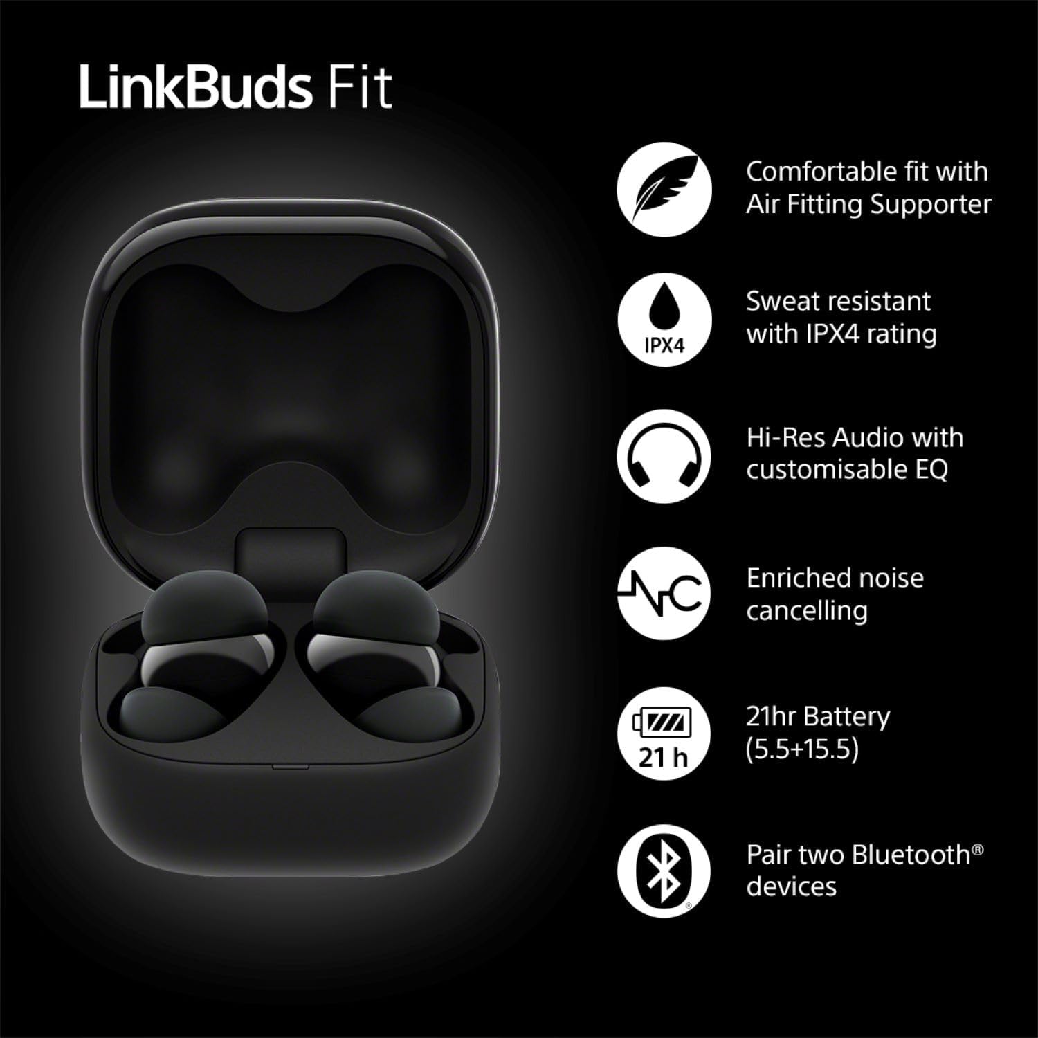 Sony LinkBuds Fit – Truly Wireless Noise Cancelling Bluetooth Earbuds - All Day Comfort, IPX4, Hi-Res Audio, Ambient Sound Mode, 21Hrs Battery Life, Multipoint Connection, iOS & Android - Black