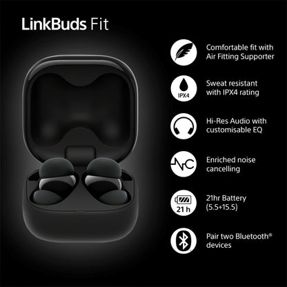 Sony LinkBuds Fit – Truly Wireless Noise Cancelling Bluetooth Earbuds - All Day Comfort, IPX4, Hi-Res Audio, Ambient Sound Mode, 21Hrs Battery Life, Multipoint Connection, iOS & Android - Black