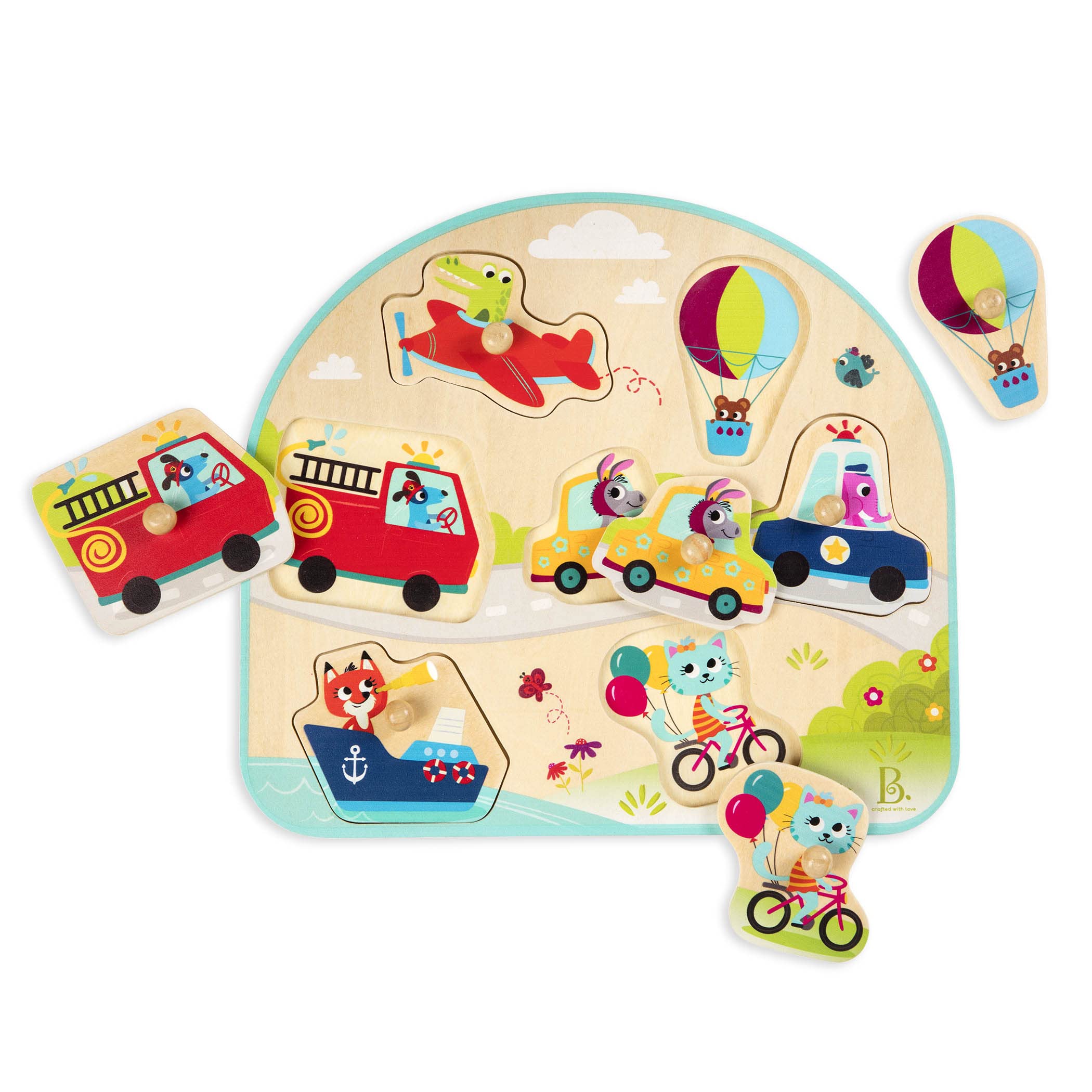B. toys – Vehicles Wooden Peg Puzzle – Cars, Trucks & More Puzzle for Toddlers – 7 Chunky Pieces – Early Learning Toy – 18+ Months – On the Go Adventure
