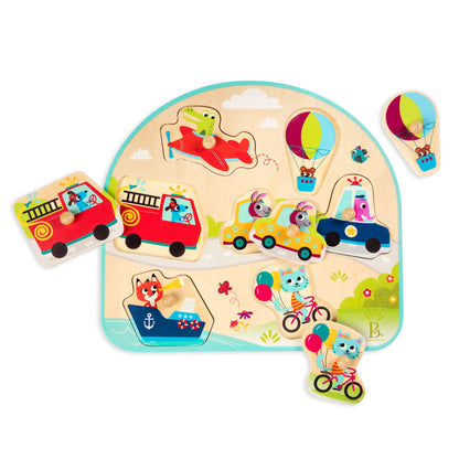 B. toys – Vehicles Wooden Peg Puzzle – Cars, Trucks & More Puzzle for Toddlers – 7 Chunky Pieces – Early Learning Toy – 18+ Months – On the Go Adventure