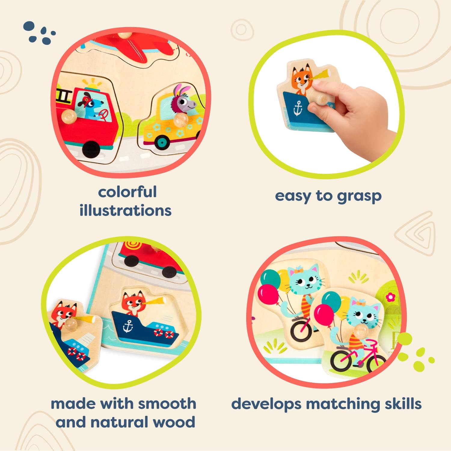B. toys – Vehicles Wooden Peg Puzzle – Cars, Trucks & More Puzzle for Toddlers – 7 Chunky Pieces – Early Learning Toy – 18+ Months – On the Go Adventure