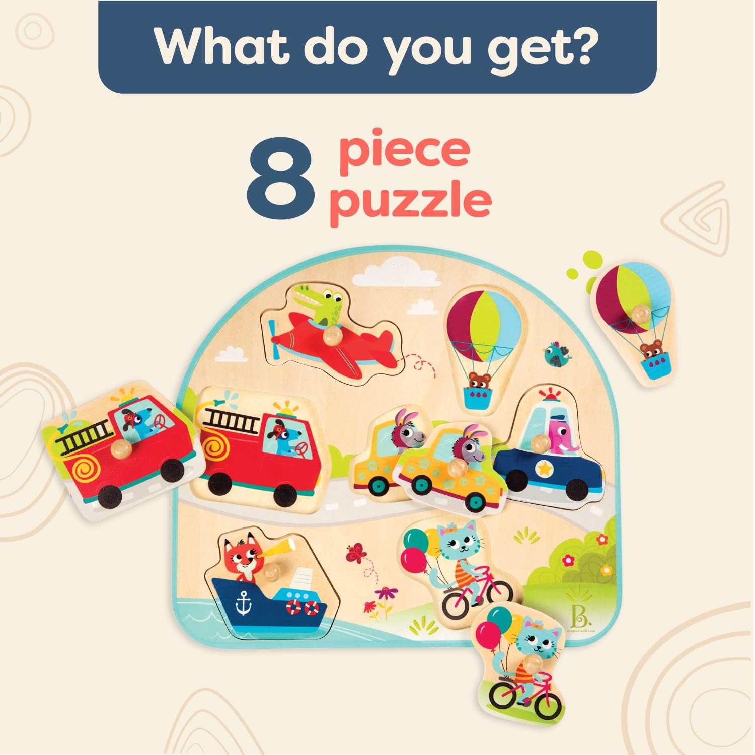 B. toys – Vehicles Wooden Peg Puzzle – Cars, Trucks & More Puzzle for Toddlers – 7 Chunky Pieces – Early Learning Toy – 18+ Months – On the Go Adventure