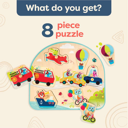 B. toys – Vehicles Wooden Peg Puzzle – Cars, Trucks & More Puzzle for Toddlers – 7 Chunky Pieces – Early Learning Toy – 18+ Months – On the Go Adventure