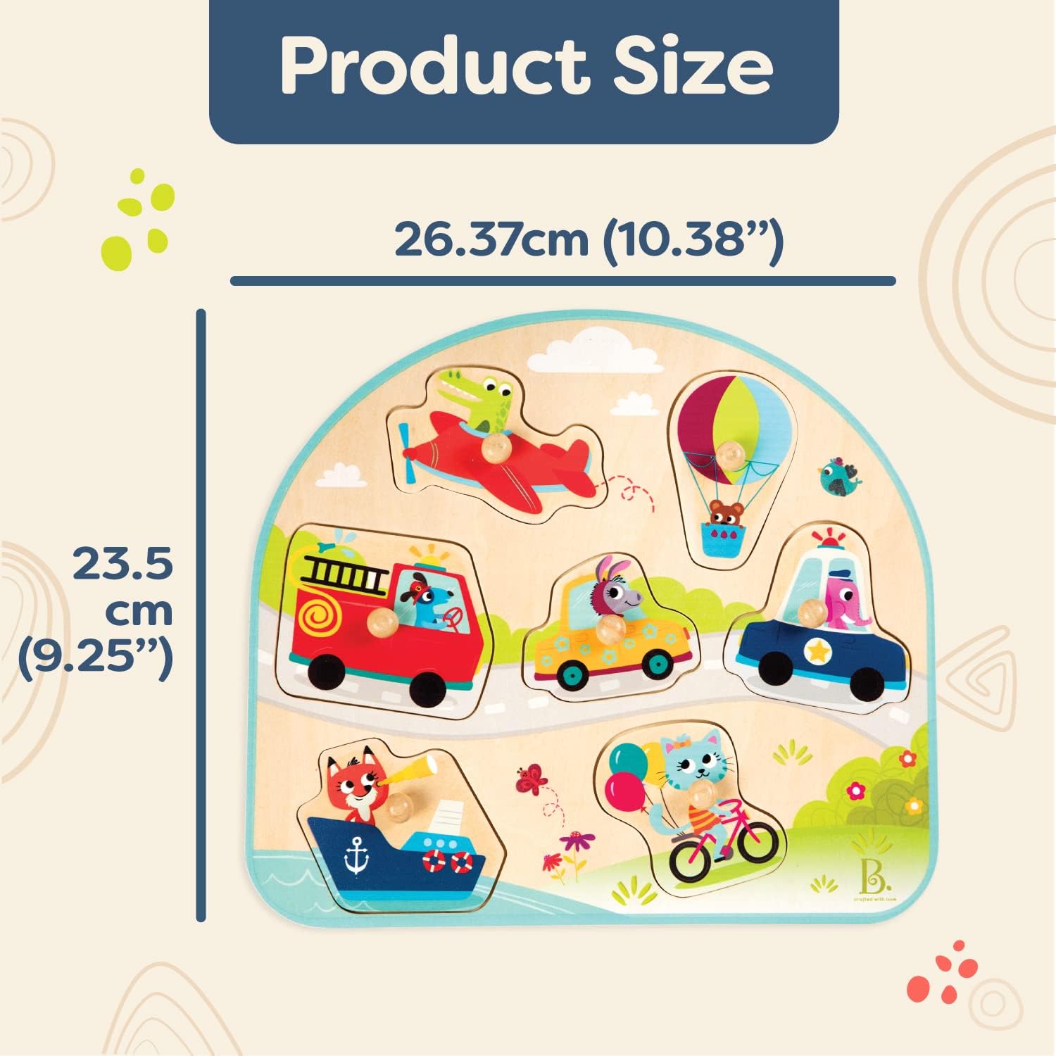 B. toys – Vehicles Wooden Peg Puzzle – Cars, Trucks & More Puzzle for Toddlers – 7 Chunky Pieces – Early Learning Toy – 18+ Months – On the Go Adventure