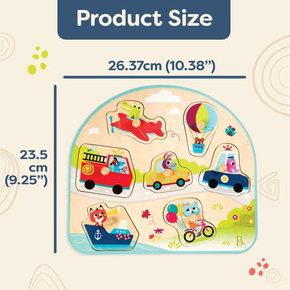B. toys – Vehicles Wooden Peg Puzzle – Cars, Trucks & More Puzzle for Toddlers – 7 Chunky Pieces – Early Learning Toy – 18+ Months – On the Go Adventure