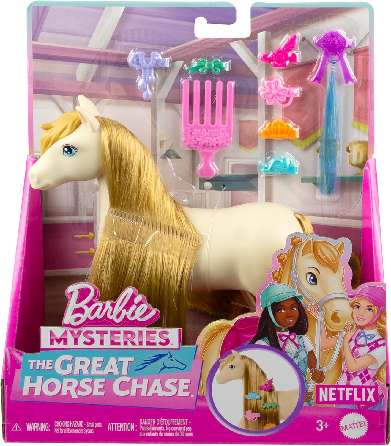 Barbie Horse & Accessories, Toys from Barbie Mysteries: The Great Horse Chase, Extra-long Mane for Brushing & Styling Fun (Styles May Vary), HXJ36