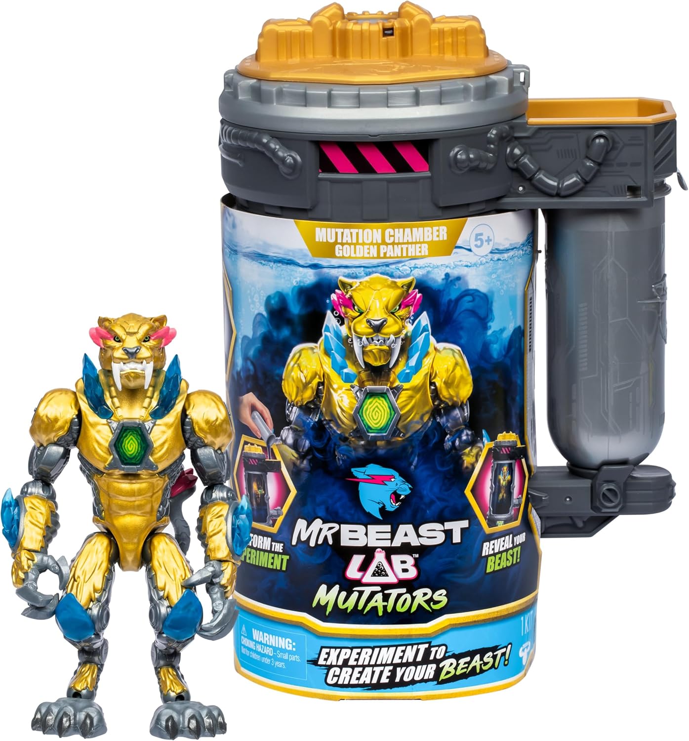MrBeast Lab Mutators: Mutate The Ultimate Beast! Perform Experiments and Unlock a MrBeast-Exclusive Golden Panther Action Figure. Collect 3 Other Panthers: Iconic, Stealth, and Metallic Panthers.