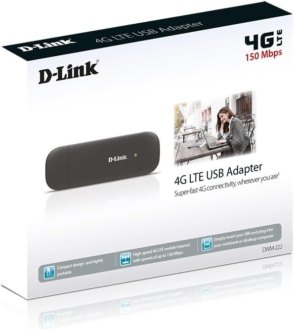 D-Link DWM-222/R 4G LTE USB Adapter, Up to 150 Mbps Download, USB 2.0, Plug and Play, Compatible with Windows XP/Vista/7/8/10 and Mac OS X 10.5 or higher