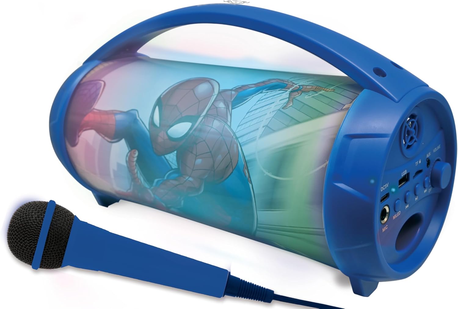 Lexibook, Spider-Man, Wireless light speaker with microphone, Stereo sound, Karaoke function, USB and SD card ports, Rechargeable battery, Handle to carry everywhere, Blue, BTP585SPZ