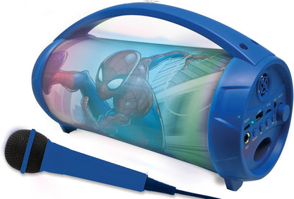 Lexibook, Spider-Man, Wireless light speaker with microphone, Stereo sound, Karaoke function, USB and SD card ports, Rechargeable battery, Handle to carry everywhere, Blue, BTP585SPZ