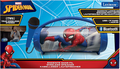 Lexibook, Spider-Man, Wireless light speaker with microphone, Stereo sound, Karaoke function, USB and SD card ports, Rechargeable battery, Handle to carry everywhere, Blue, BTP585SPZ