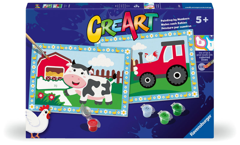 Ravensburger - CreArt Junior Series: The Farm, Paint by Number Kit, Contains Two Pre-Printed Boards, a Brush, Colors, Creative Game for Boys and Girls 5+ Years Old