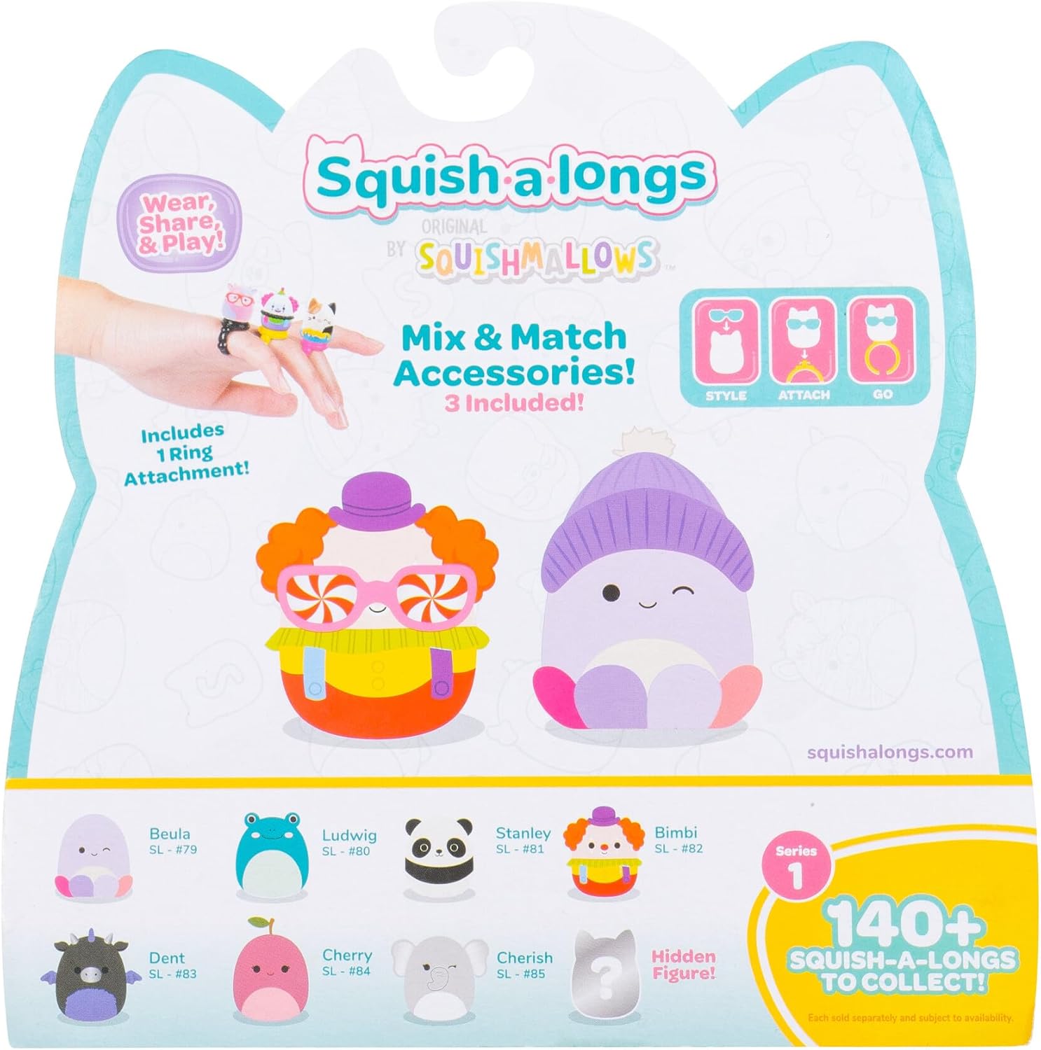 Squish-a-longs 8 Pack - 1” Mini-Squish with 2 Accessories, 1 Ring, and a Collector’s Guide - Collect, Trade, & Play
