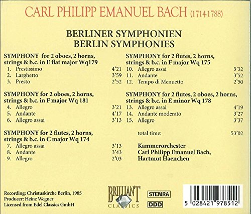 1-CD C.P.E. BACH - BERLINER SYMPHONIEN - HARTMUT HAENCHEN (SCHIJFJE IS UITSTEKEND, 1 NOTITIE AAN DE ACHTERZIJDE VAN DE BOOKLET IN POTLOOD)