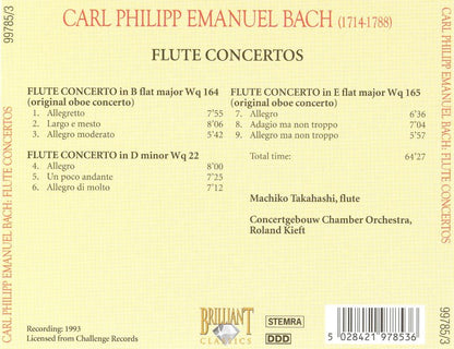 1-CD C.P.E. BACH - FLUTE CONCERTOS - MACHIKO TAKAHASHI - CONCERTGEBOUW CHAMBER ORCHESTRA / ROLAND KIEFT (DISC IS EXCELLENT, 1 SMALL NOTATION ON THE BACKSIDE OF THE BOOKLET)