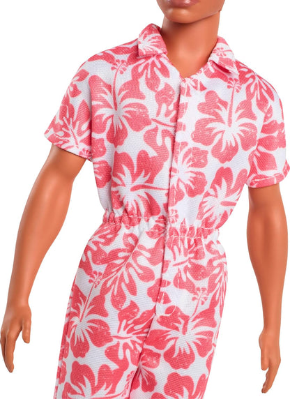 Barbie Fashionistas Ken Doll #235 with Braided Brown Hair, Wearing Coral Jumpsuit with Hawaiian Print and Green Sandals