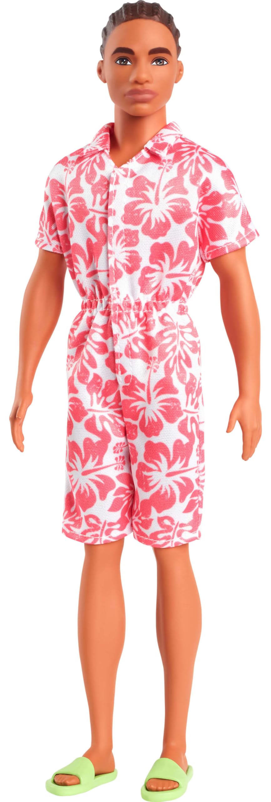 Barbie Fashionistas Ken Doll #235 with Braided Brown Hair, Wearing Coral Jumpsuit with Hawaiian Print and Green Sandals