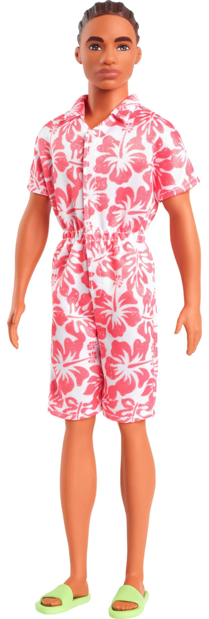 Barbie Fashionistas Ken Doll #235 with Braided Brown Hair, Wearing Coral Jumpsuit with Hawaiian Print and Green Sandals