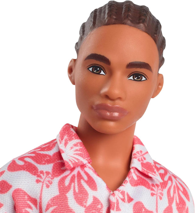 Barbie Fashionistas Ken Doll #235 with Braided Brown Hair, Wearing Coral Jumpsuit with Hawaiian Print and Green Sandals