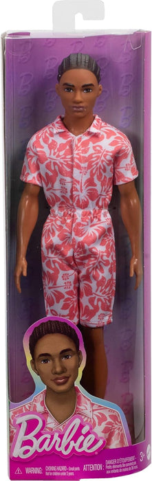 Barbie Fashionistas Ken Doll #235 with Braided Brown Hair, Wearing Coral Jumpsuit with Hawaiian Print and Green Sandals