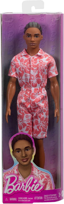 Barbie Fashionistas Ken Doll #235 with Braided Brown Hair, Wearing Coral Jumpsuit with Hawaiian Print and Green Sandals