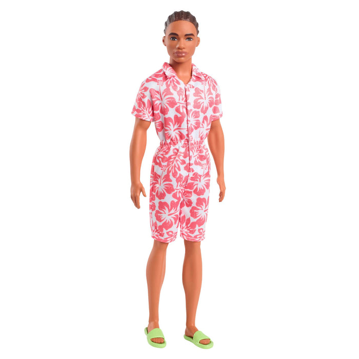 Barbie Fashionistas Ken Doll #235 with Braided Brown Hair, Wearing Coral Jumpsuit with Hawaiian Print and Green Sandals
