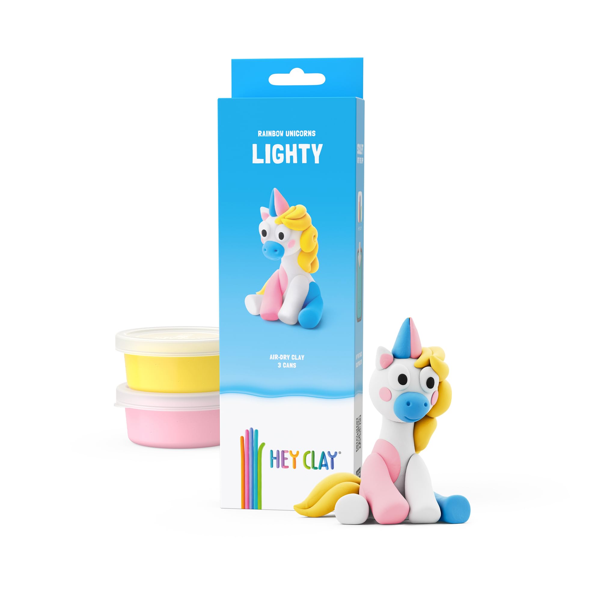 HEY CLAY Rainbow Unicorns - Kit di argilla per bambini che si asciugano all'aria aperta, set creativo dai 3 anni in su (Lighty, serie Unicorni arcobaleno, 3 lattine