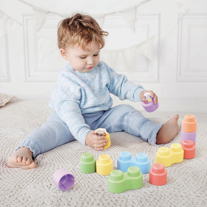 Quercetti MOMY Soft Happy Sounds 18 Pieces, Soft Plastic Construction Set with Rattles, Multi-Coloured Building Blocks for Infants and Toddlers Ages 6-36 Months