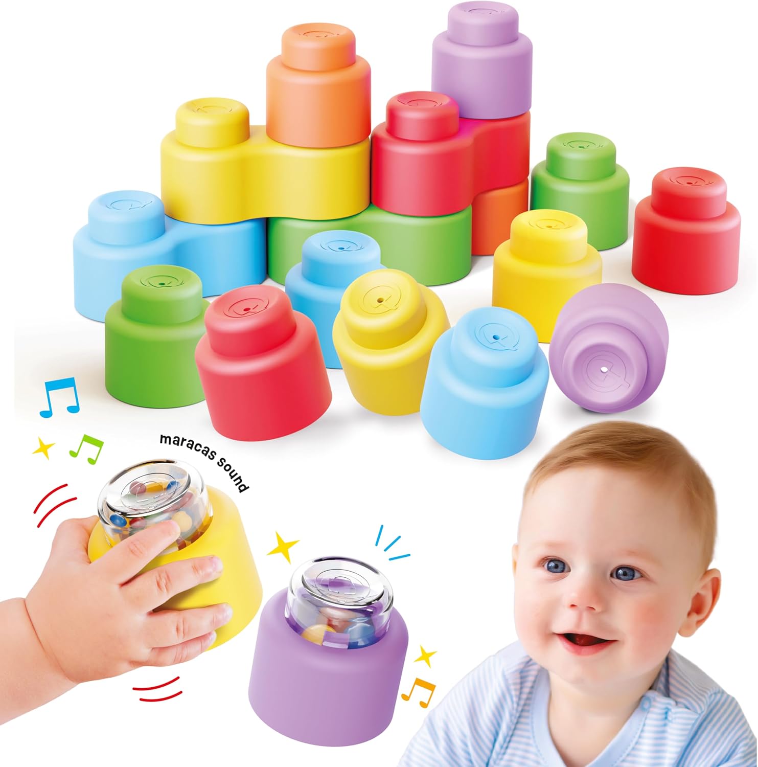 Quercetti MOMY Soft Happy Sounds 18 Pieces, Soft Plastic Construction Set with Rattles, Multi-Coloured Building Blocks for Infants and Toddlers Ages 6-36 Months