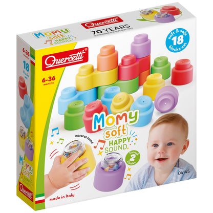 Quercetti MOMY Soft Happy Sounds 18 Pieces, Soft Plastic Construction Set with Rattles, Multi-Coloured Building Blocks for Infants and Toddlers Ages 6-36 Months