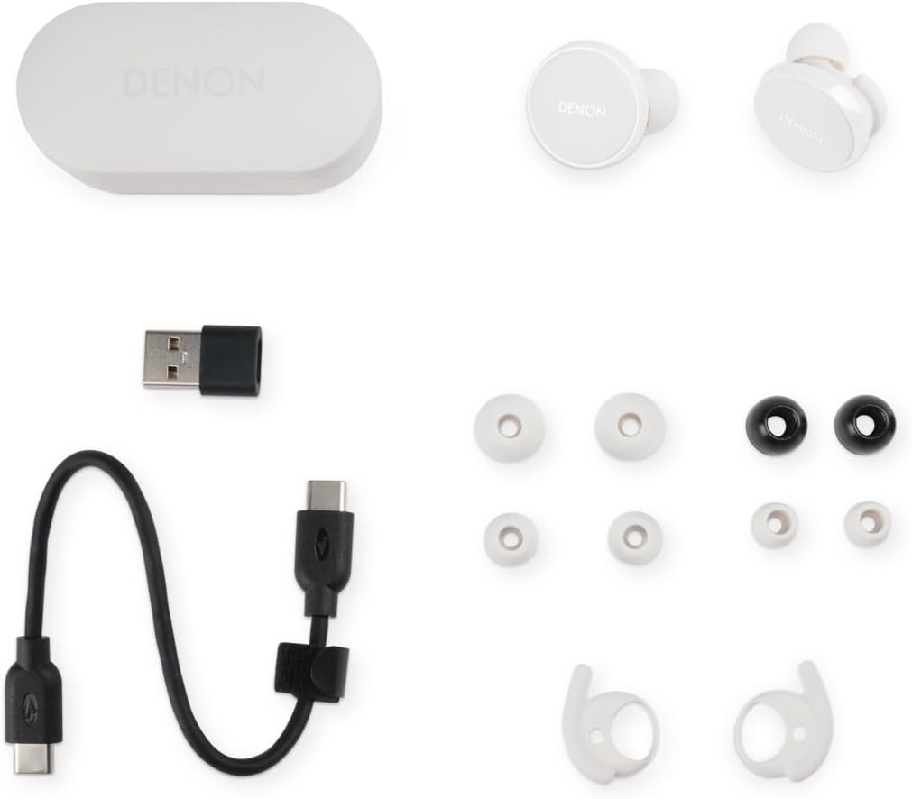 Denon PerL Pro True Wireless Earbuds, Personalised Sound Profile, Noise Cancelling Earbuds, Water Resistant Earphones, with Built in Microphones and Long Battery Life - White