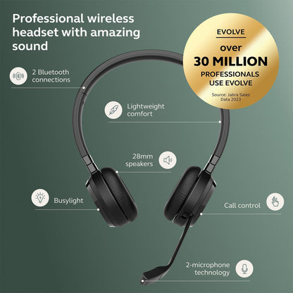 Jabra Evolve 65 TE wireless stereo headphones Microsoft Teams certified, 30m range, 12-hour battery, USB-A, dual connectivity - Black