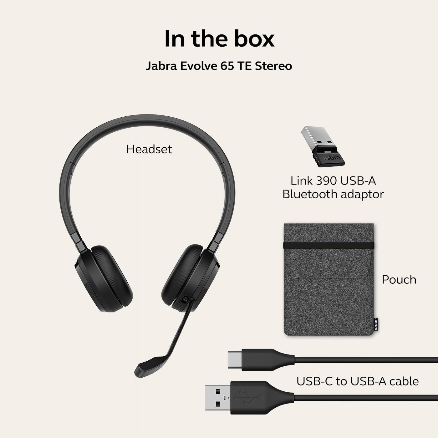 Jabra Evolve 65 TE wireless stereo headphones Microsoft Teams certified, 30m range, 12-hour battery, USB-A, dual connectivity - Black