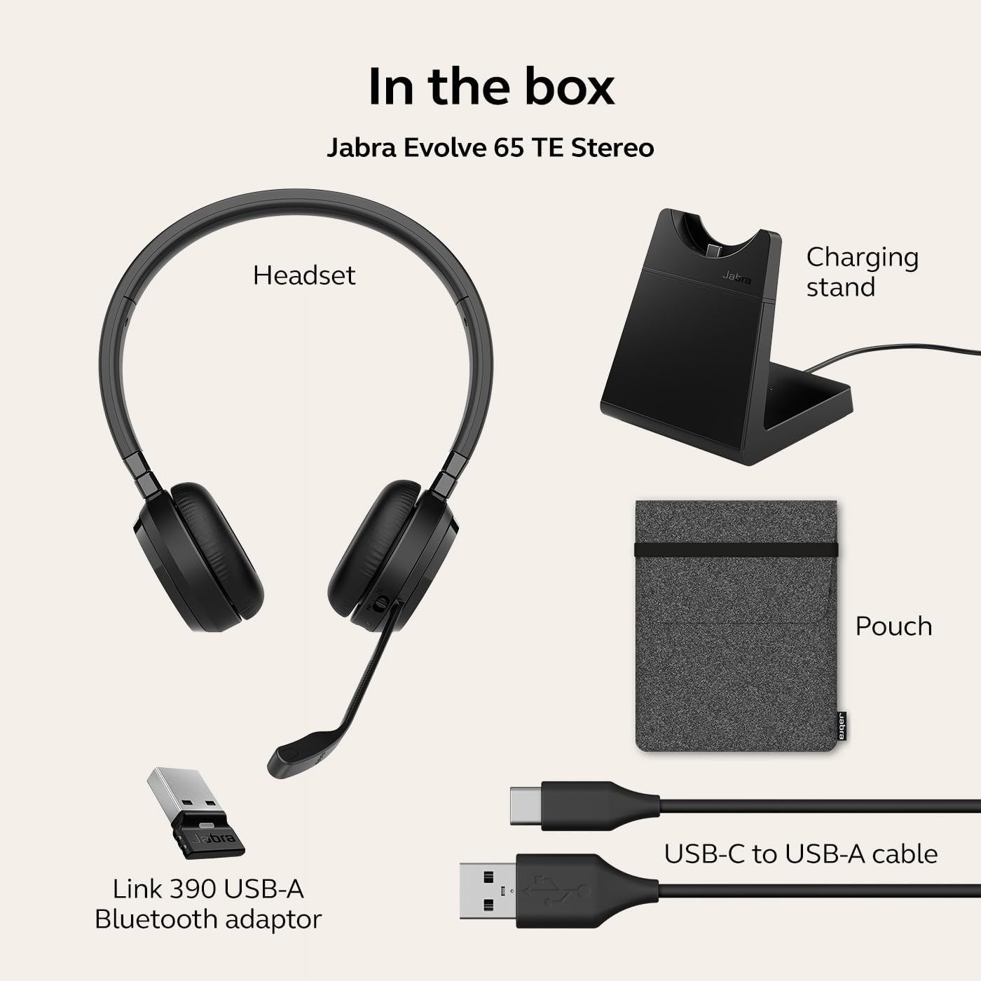 Jabra Evolve 65 TE (3rd Edition 2025) Wireless Bluetooth Stereo Headset with Mic, Connect to Two Devices, 16h Battery, Noise-Cancelling Mic, USB-A Adapter, MS Teams Certified, Charging Stand, Black