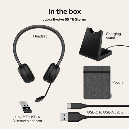Jabra Evolve 65 TE (3rd Edition 2025) Wireless Bluetooth Stereo Headset with Mic, Connect to Two Devices, 16h Battery, Noise-Cancelling Mic, USB-A Adapter, MS Teams Certified, Charging Stand, Black