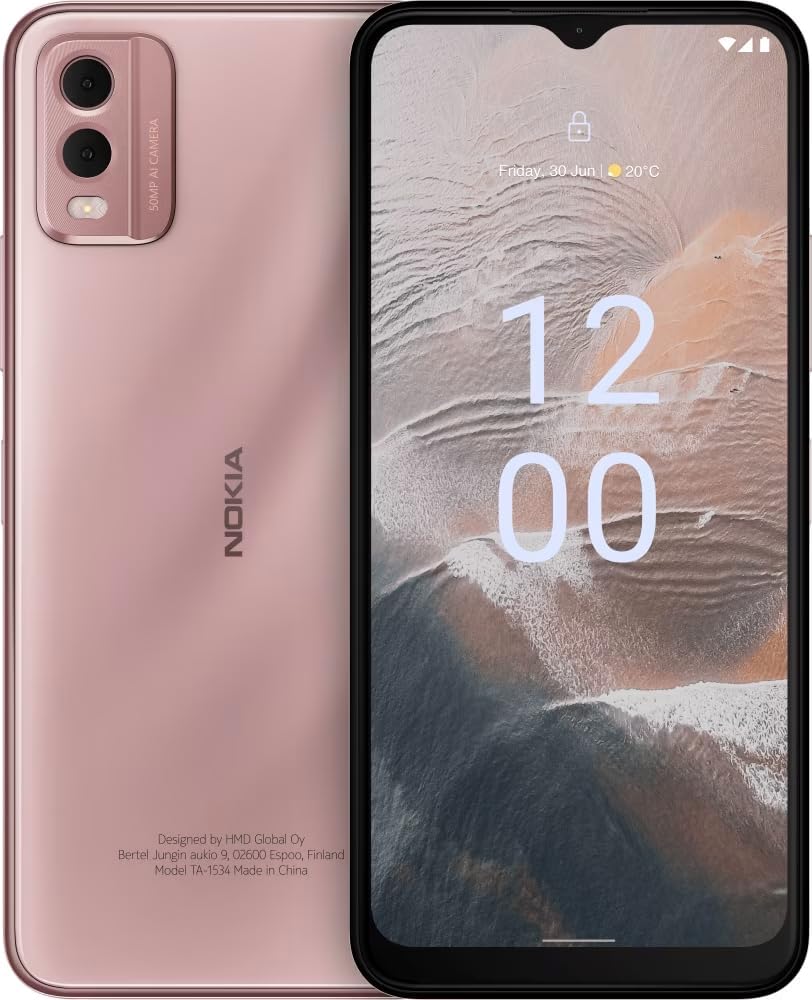Nokia C32 6.5” HD+ Smartphone with 3GB RAM/64GB ROM, 50MP/8MP Cameras, 5000 mAh 3-day Battery Life, Toughened Glass back, IP52 Rating, Fingerprint sensor & Face unlock, Android 13, Dual SIM - Pink