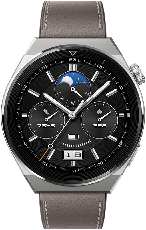 Huawei Watch GT 3 Pro Smartwatch,Titanium Body,Sapphire Watch Dial,Oxygen Saturation and Heart Rate Monitoring,Long Battery Life,Grey Leather Strap,46 mm